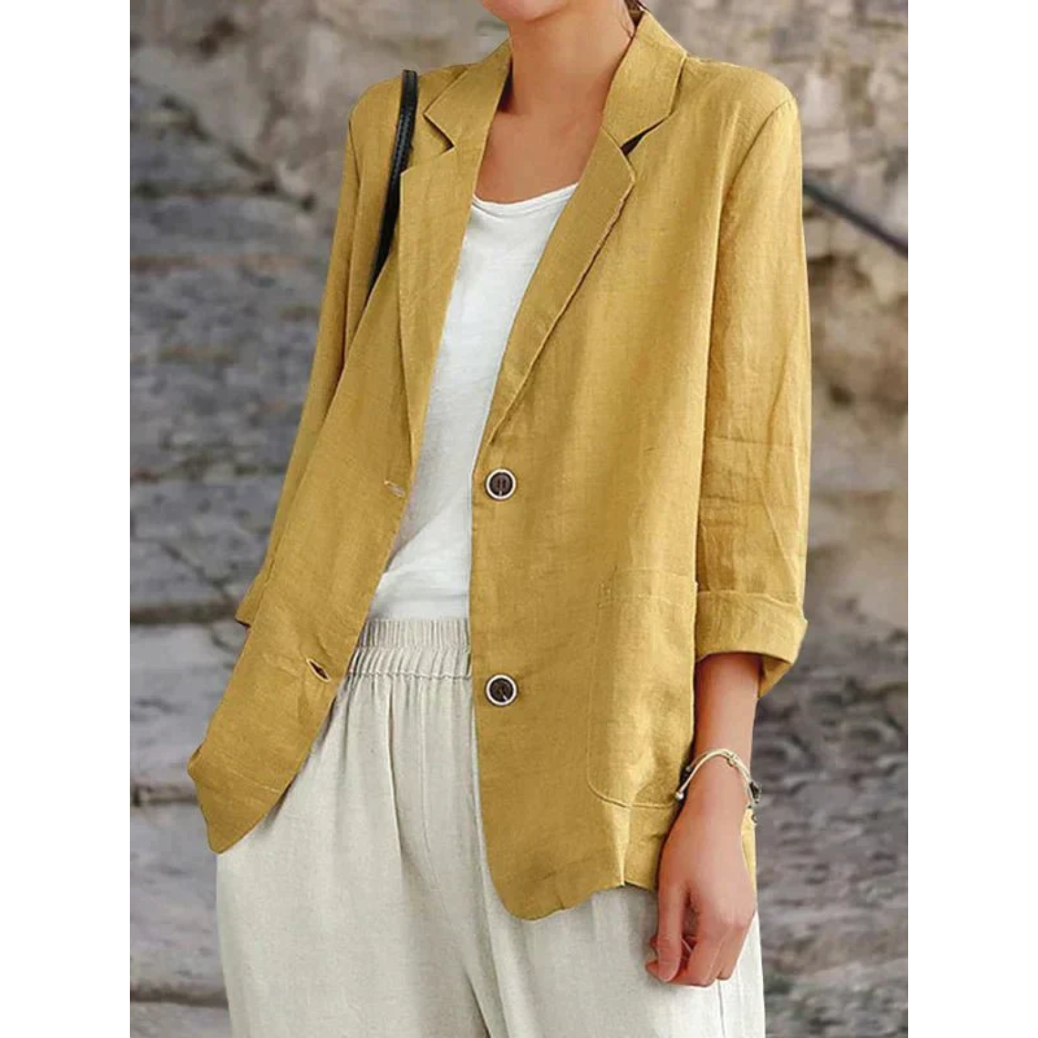 Esmée | Linnen dames blazer in de kleur Geel voor dames in Beach stijl geschikt voor alle seizoenen.