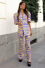 Eva | Set met pofmouwen en luxe kraag in de kleur Paars/Geel voor dames in stijl ideaal voor de zomer.