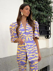 Eva | Set met pofmouwen en luxe kraag in de kleur Paars/Geel voor dames in stijl ideaal voor de zomer.