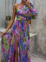 Stijlvolle Paarse Print Maxi-jurk met Split en Één Mouw