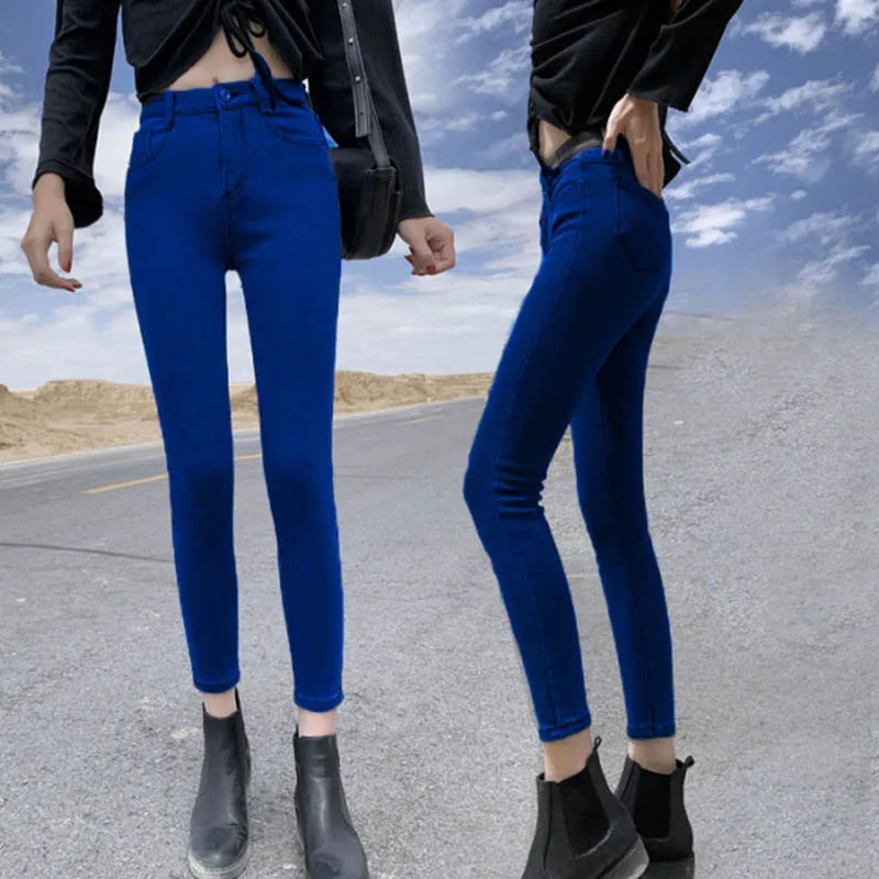 Fieke | Warm gevoerde damesjeans in de kleur Blauw/Geel voor dames in stijl geschikt voor alle seizoenen.
