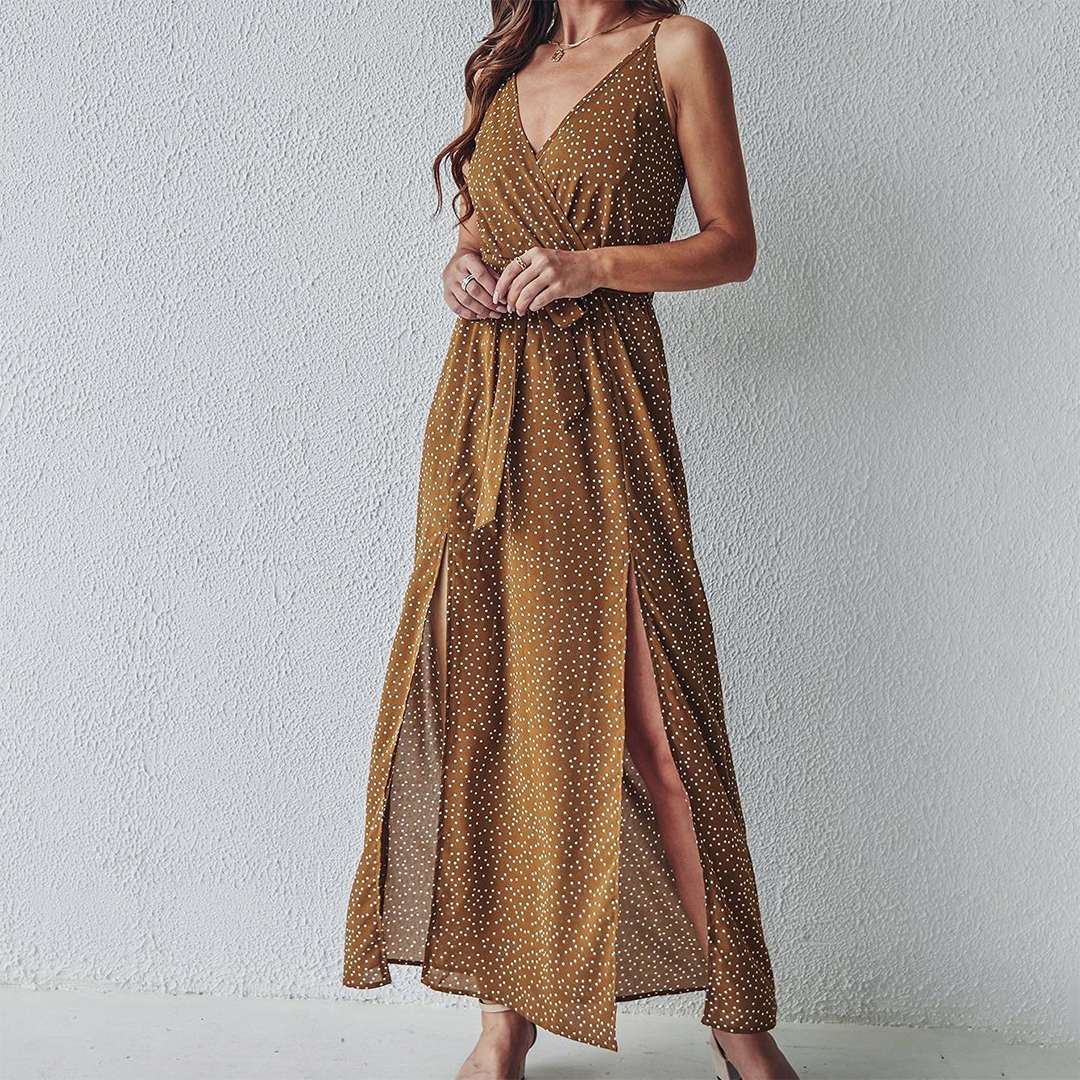 Fleurige maxi jurk voor dames in de kleur Khaki voor dames in stijl ideaal voor de zomer.