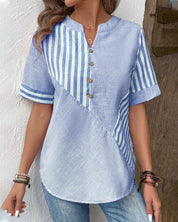 Gestreepte V-hals Blouse met korte mouwen in de kleur Roze voor dames in Formal stijl ideaal voor de herfst.