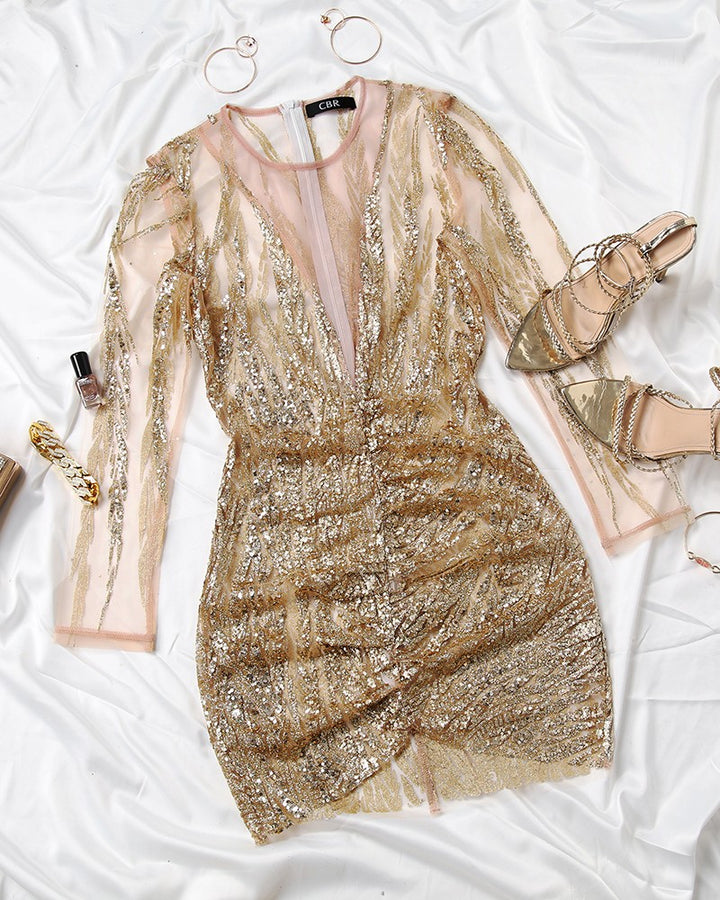Isabel | Bodycon jurk met glitters voor vrouwen in de kleur Goud voor dames in Party stijl ideaal voor de lente.