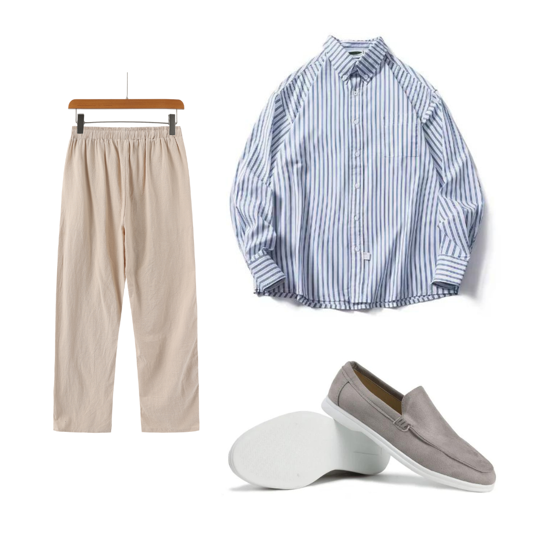 Jack | Zomerse Cannes outfit met overhemd, linnen broek en loafers in de kleur Beige/Lichtblauw voor heren in Beach stijl ideaal voor de zomer.
