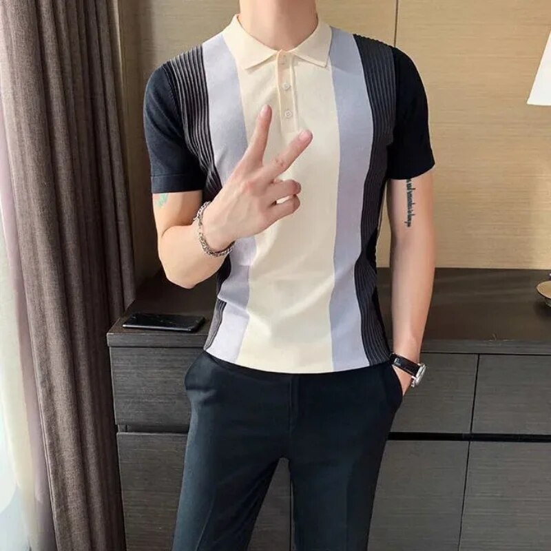 Jordin | Gestreept poloshirt met slanke pasvorm in de kleur Zwart voor heren in Smart-casual stijl ideaal voor de zomer.