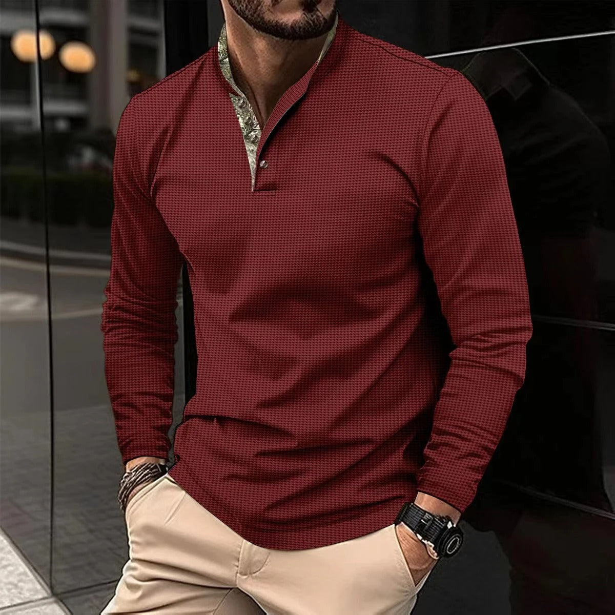 Joris | Stijlvolle longsleeve polo met gekleurde boordkraag in de kleur Rood voor heren in Smart-casual stijl geschikt voor alle seizoenen.