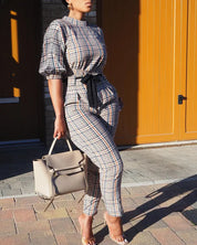 Jumpsuit met denim look print en strikdetail in de kleur Khaki voor dames in Heritage stijl geschikt voor alle seizoenen.