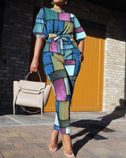 Jumpsuit met denim look print en strikdetail in de kleur Khaki voor dames in Heritage stijl geschikt voor alle seizoenen.