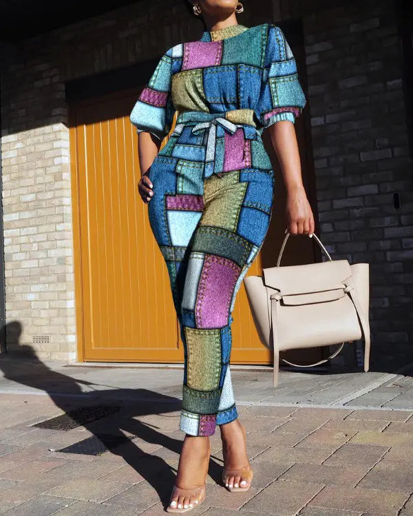 Jumpsuit met denim look print en strikdetail in de kleur Khaki voor dames in Heritage stijl geschikt voor alle seizoenen.