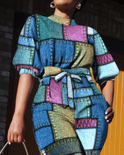 Jumpsuit met denim look print en strikdetail in de kleur Gemengde kleur voor dames in Heritage stijl geschikt voor alle seizoenen.