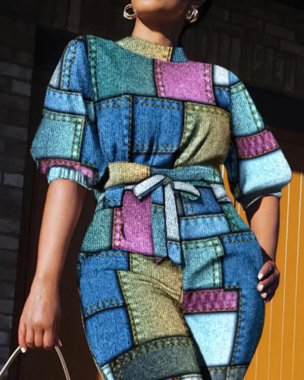 Jumpsuit met denim look print en strikdetail in de kleur Gemengde kleur voor dames in Heritage stijl geschikt voor alle seizoenen.