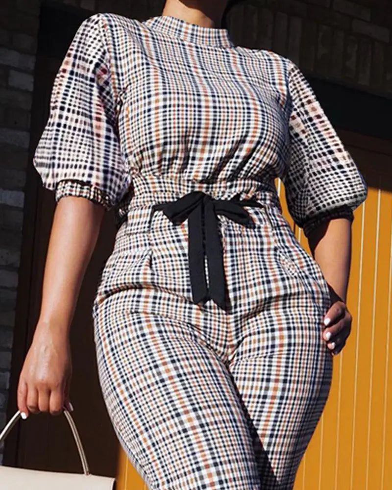 Jumpsuit met denim look print en strikdetail in de kleur Khaki voor dames in Heritage stijl geschikt voor alle seizoenen.