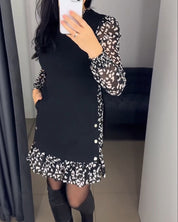 Jurk met patchworkzak en print in de kleur Zwart voor dames in stijl ideaal voor de herfst.