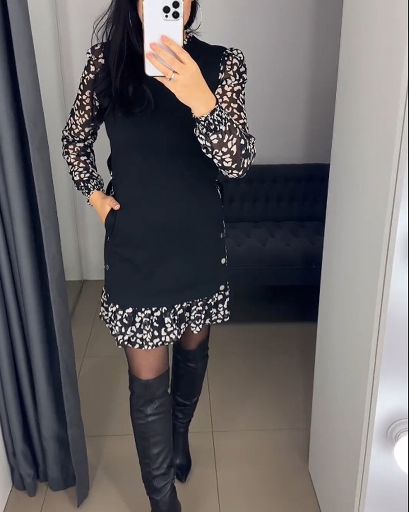 Jurk met patchworkzak en print in de kleur Zwart voor dames in stijl ideaal voor de herfst.