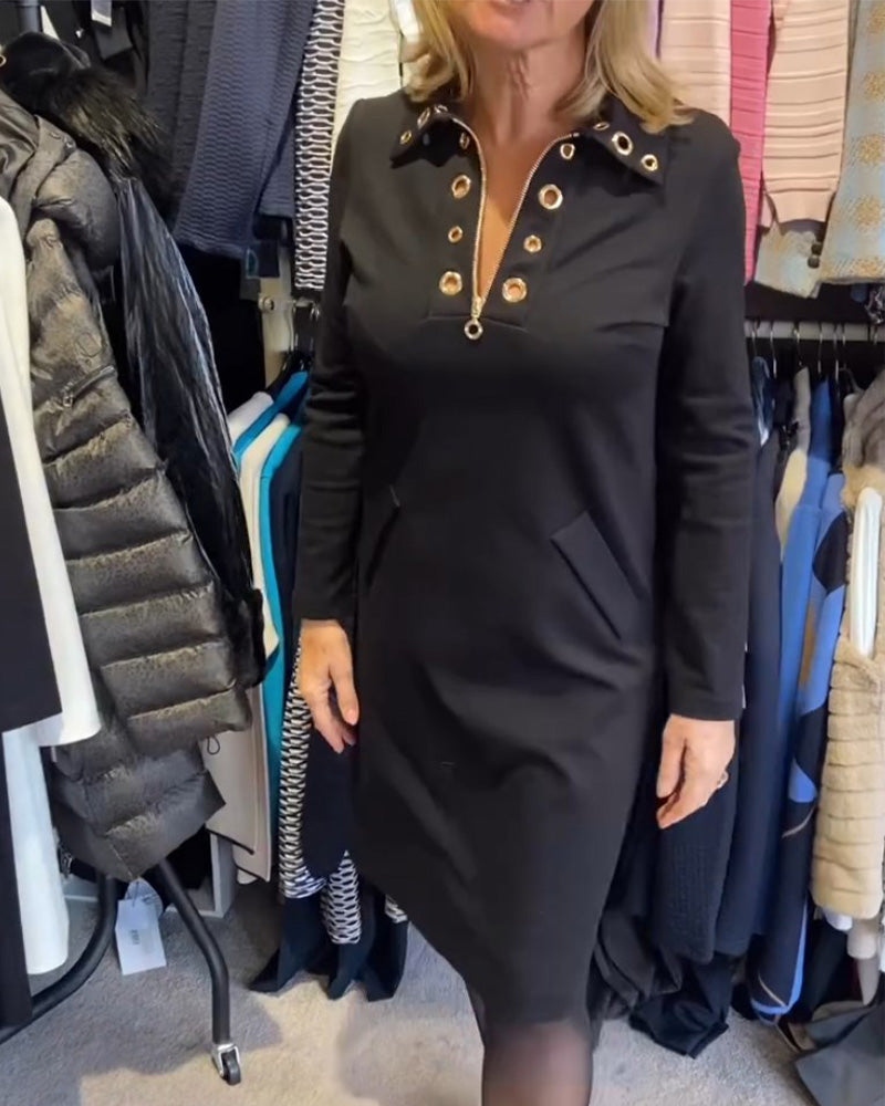 Jurk met ritssluiting en revers in de kleur Zwart voor dames in stijl ideaal voor de herfst.
