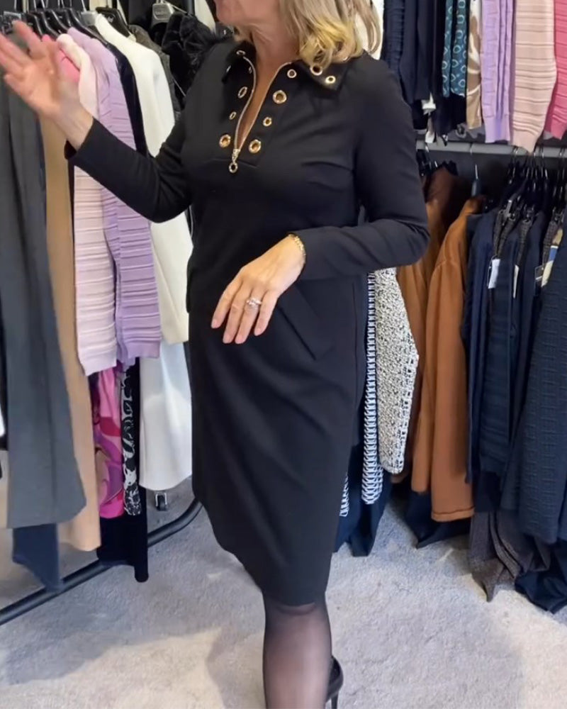 Jurk met ritssluiting en revers in de kleur Zwart voor dames in stijl ideaal voor de herfst.