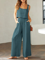 Katrien | Wijde pantalonset in de kleur Azuurblauw voor dames in Formal stijl ideaal voor de zomer.