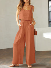 Katrien | Wijde pantalonset in de kleur Caramel voor dames in Formal stijl ideaal voor de zomer.