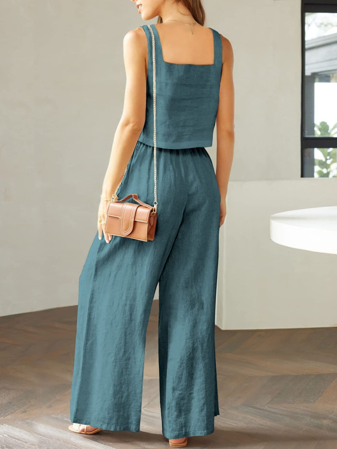 Katrien | Wijde pantalonset in de kleur Zwart voor dames in Formal stijl ideaal voor de zomer.
