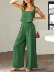 Katrien | Wijde pantalonset in de kleur Zwart voor dames in Formal stijl ideaal voor de zomer.