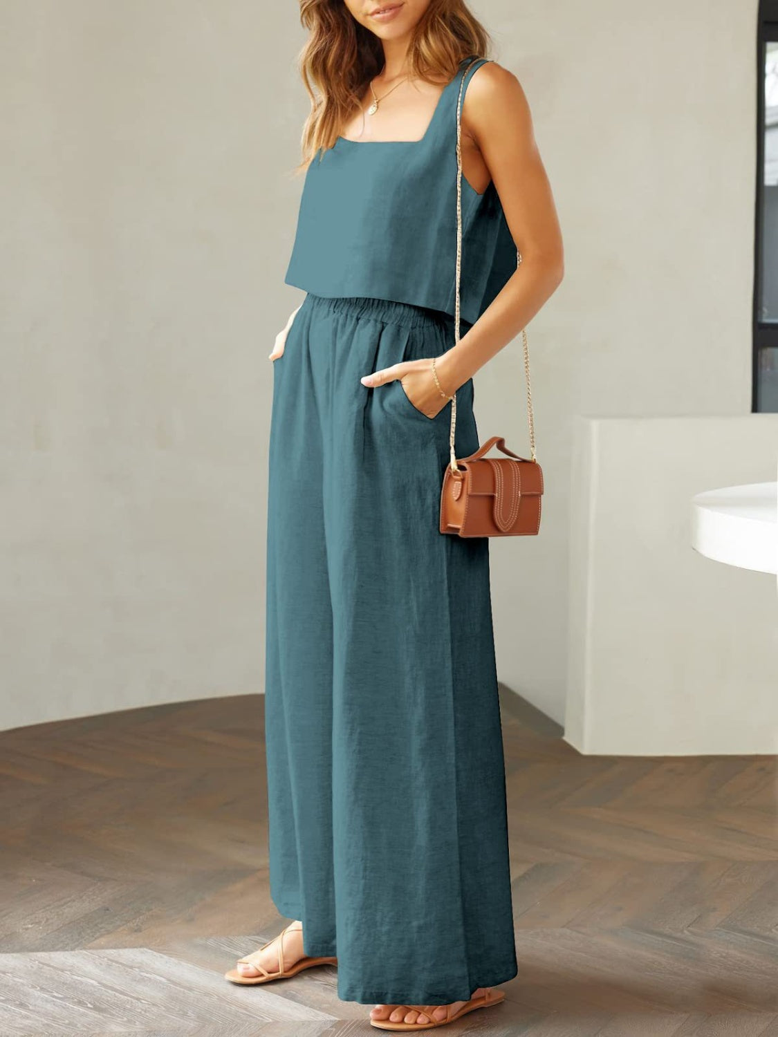 Katrien | Wijde pantalonset in de kleur Zwart voor dames in Formal stijl ideaal voor de zomer.
