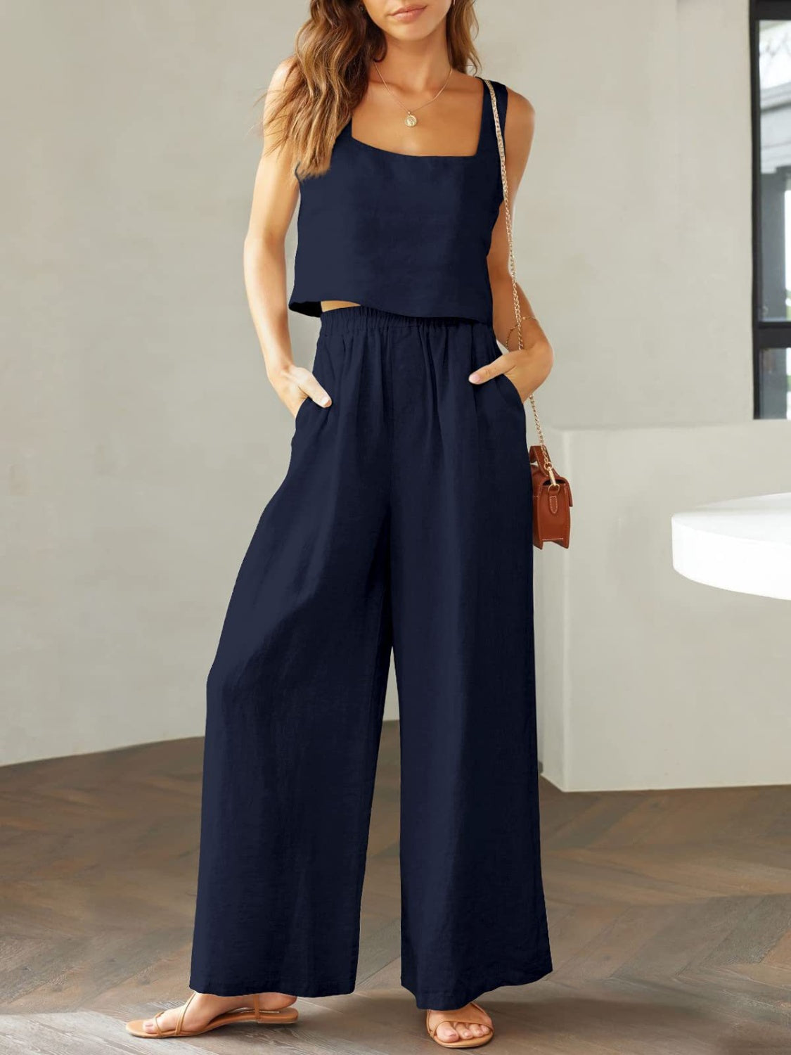Katrien | Wijde pantalonset in de kleur Donkerblauw voor dames in Formal stijl ideaal voor de zomer.