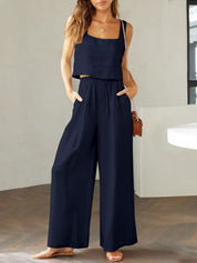 Katrien | Wijde pantalonset in de kleur Donkerblauw voor dames in Formal stijl ideaal voor de zomer.