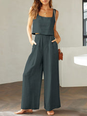 Katrien | Wijde pantalonset in de kleur Donkergrijs voor dames in Formal stijl ideaal voor de zomer.