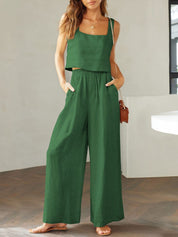 Katrien | Wijde pantalonset in de kleur Donkergroen voor dames in Formal stijl ideaal voor de zomer.
