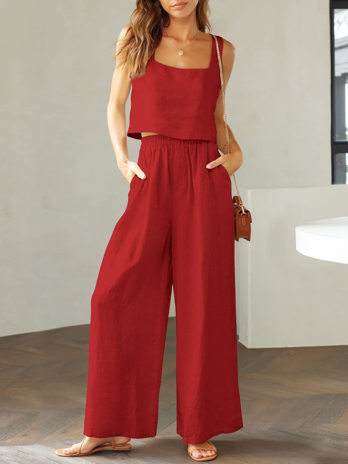 Katrien | Wijde pantalonset in de kleur Rood voor dames in Formal stijl ideaal voor de zomer.