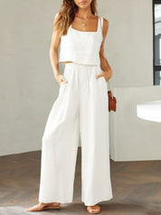 Katrien | Wijde pantalonset in de kleur Wit voor dames in Formal stijl ideaal voor de zomer.