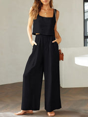 Katrien | Wijde pantalonset in de kleur Zwart voor dames in Formal stijl ideaal voor de zomer.