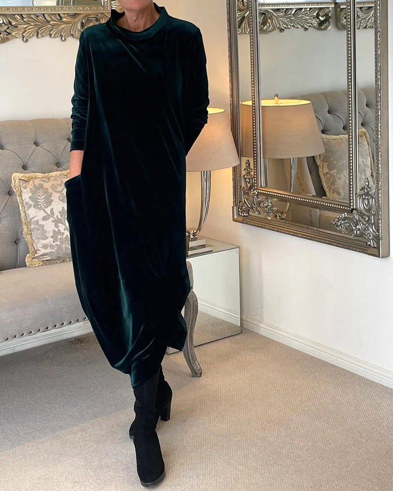 Lange jurk met zakken en kraag in de kleur Groen voor dames in stijl ideaal voor de herfst.