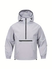 Een must-have voor mannen op zoek naar een casual jas met bescherming tegen wisselvallig weer. Deze windbreaker biedt comfort en stijl met een halve ritssluiting en capuchon, perfect voor dagelijks gebruik en outdoor activiteiten. Gemaakt van 100% polyester voor duurzaamheid en comfort.