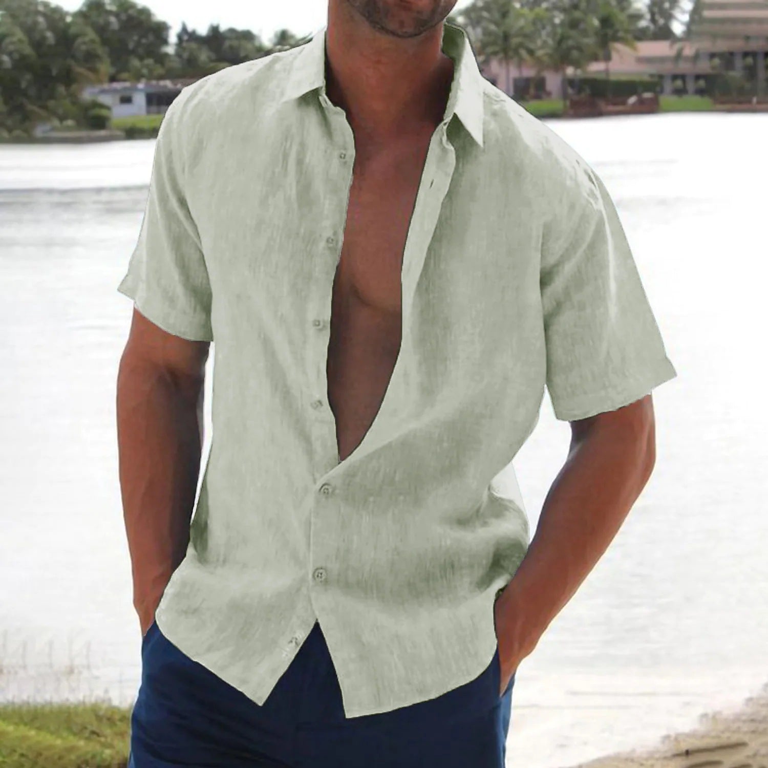 Lars | Linnen casual heren overhemd met korte mouw in de kleur Lichtgroen voor heren in Smart-casual stijl ideaal voor de zomer.