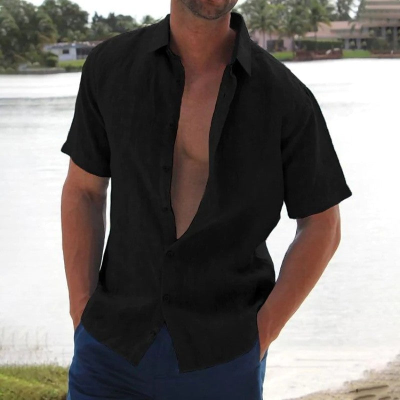 Lars | Linnen casual heren overhemd met korte mouw in de kleur Zwart voor heren in Smart-casual stijl ideaal voor de zomer.