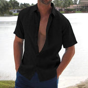 Lars | Linnen casual heren overhemd met korte mouw in de kleur Zwart voor heren in Smart-casual stijl ideaal voor de zomer.