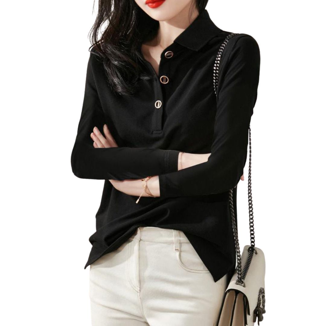 Lena | Elegante blouse met opstaande kraag en knoopsluiting. in de kleur Zwart voor in stijl ideaal voor de herfst.