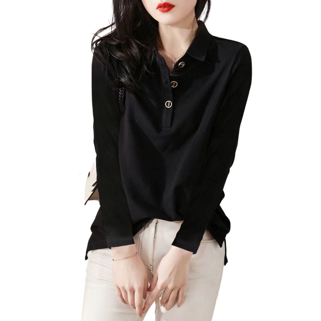 Lena | Elegante blouse met opstaande kraag en knoopsluiting. in de kleur Zwart voor in stijl ideaal voor de herfst.