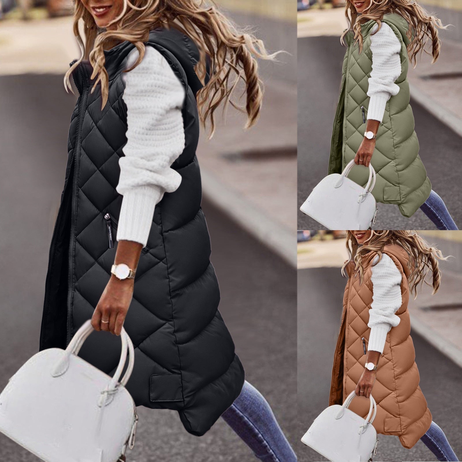 Loavies | Lange Puffer stijl bodywarmer met capuchon voor dames in de kleur Legergroen voor dames in Outdoor stijl ideaal voor de herfst.