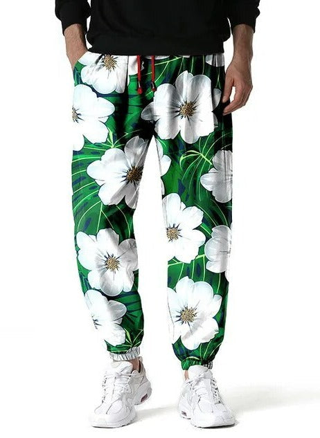Loeka | Bloemenprint Joggingbroek met stijl in de kleur Groen voor heren in Lounge stijl ideaal voor de lente.