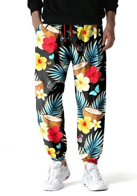 Loeka | Bloemenprint Joggingbroek met stijl in de kleur Zwart voor heren in Lounge stijl ideaal voor de lente.
