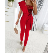 Lotte | Glanzende dames jumpsuit met wikkel in de kleur Rood voor dames in Party stijl ideaal voor de herfst.