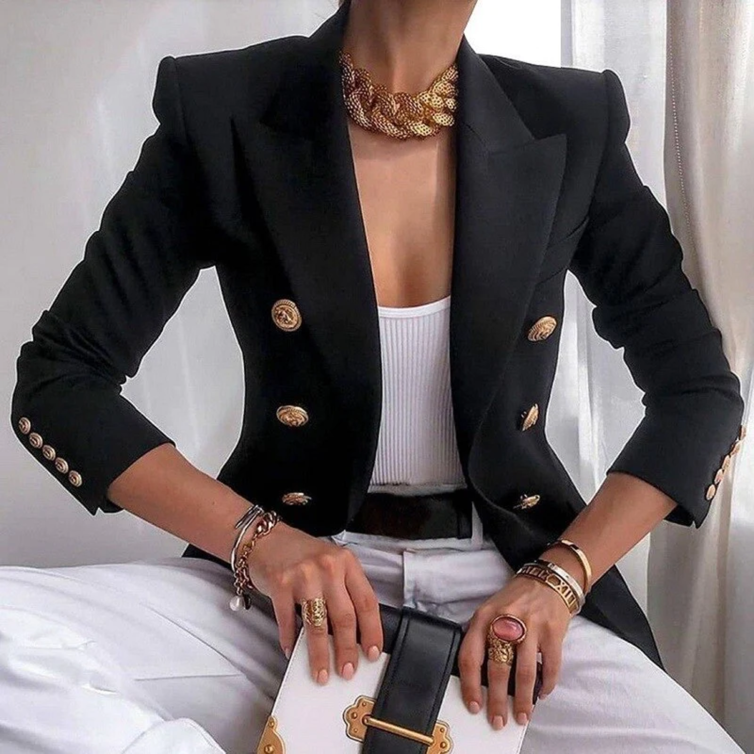 Louise | Comfortabele luxe blazer met knopen van katoen in de kleur Geel voor dames in Formal stijl geschikt voor alle seizoenen.