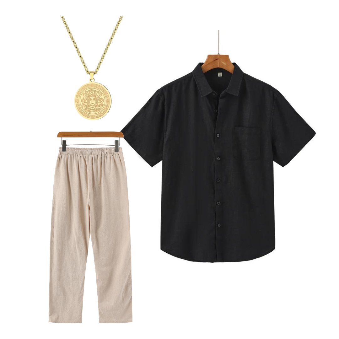 Luca | Stijlvolle St. Tropez outfit van linnen in de kleur Beige/Zwart voor heren in Beach stijl ideaal voor de zomer.