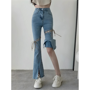 Lucy | Eigentijdse hoge taille spijkerbroek in de kleur Blauw voor dames in stijl ideaal voor de zomer.