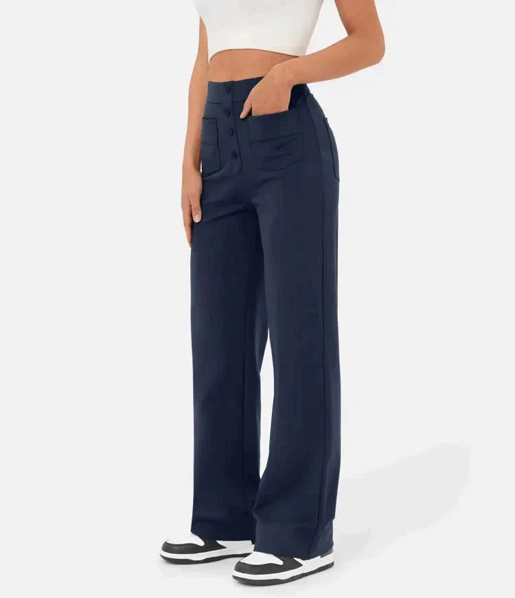 Luus | Stijlvolle high-waisted elastische casual broek in de kleur Marineblauw voor dames in stijl geschikt voor alle seizoenen.