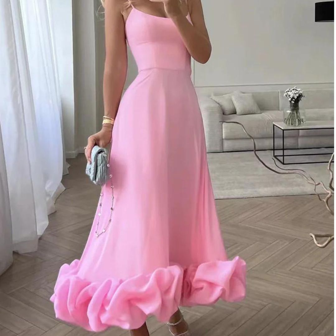 Miriam | Charmante midi-jurk met volants in de kleur Roze voor dames in stijl ideaal voor de lente.