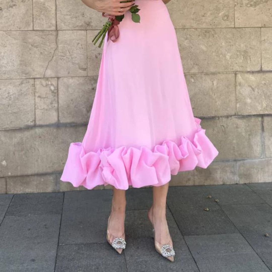 Miriam | Charmante midi-jurk met volants in de kleur Roze voor dames in stijl ideaal voor de lente.